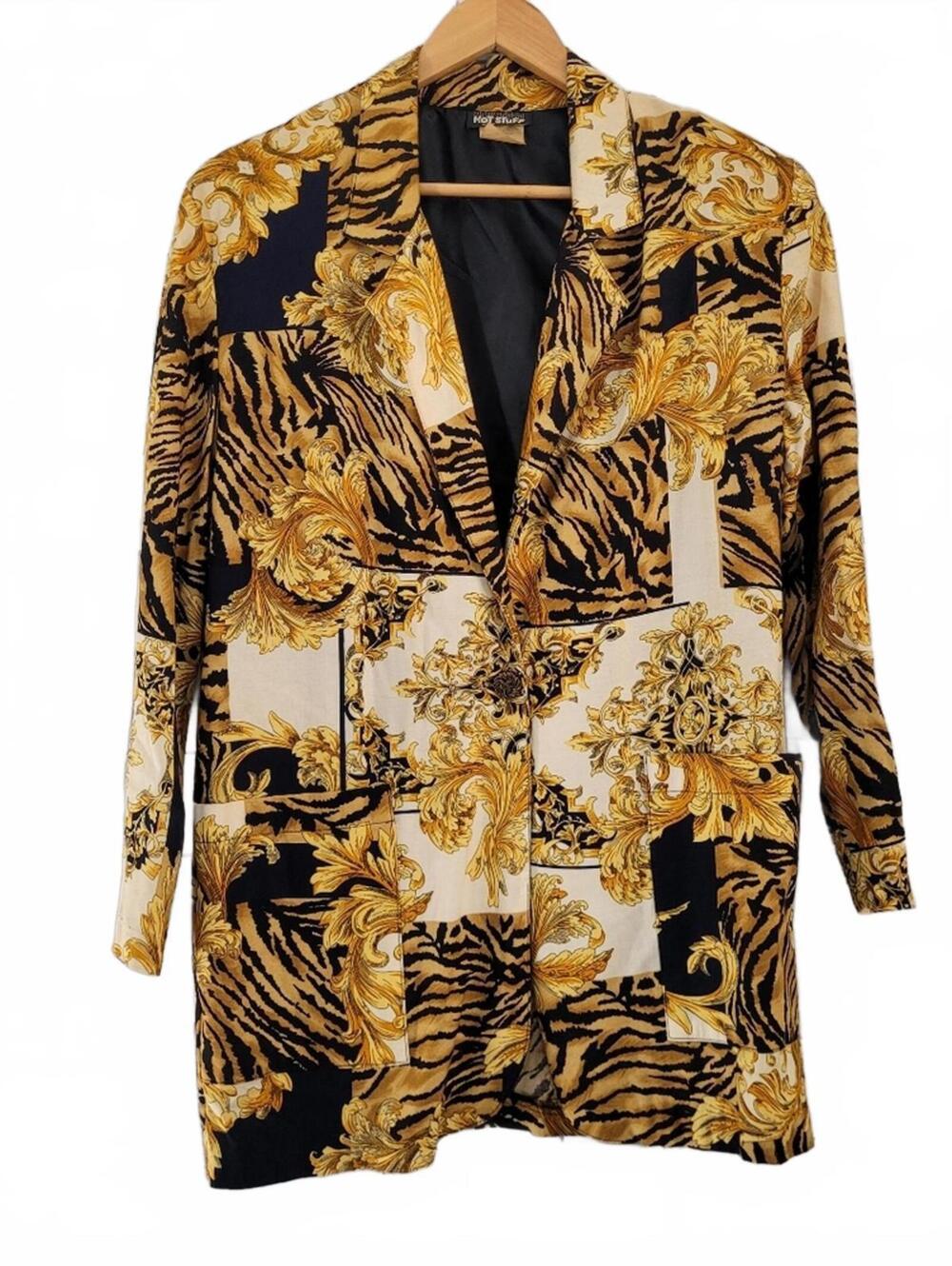 Hot Stuff Vintage 80s Yellow Gold Black Baroque Print Statement Blazer Size S